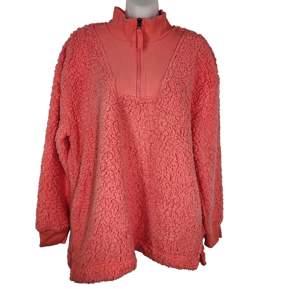 Maurices Sweatshirt Womens Large Teddy Sherpa 1/4 Zip Coral Relaxed Pockets Crew